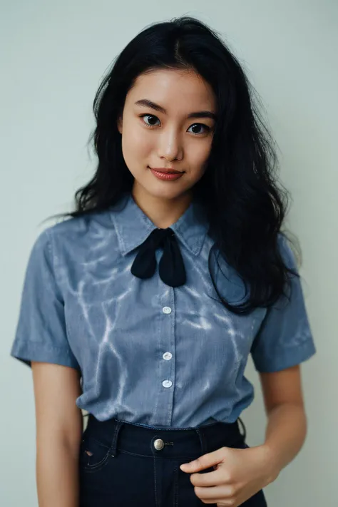 RAW photo, portait of seductive woman ShioliKutsuna01, excited, waist, dark black hair, curvy blunt hair, tie-dye collared Button-Down Shirt, (smile:0.1), shallow depth of field, Indirect light, film grain, Kodak portra 800, F/1.8, Autochrome, , <lora:ShioliKutsuna01-000003:1>,outdoor, front view, straight on, detailed skin texture, (blush:0.5), (goosebumps:0.5), subsurface scattering
