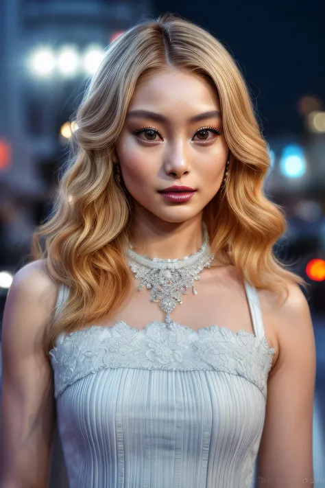 a photo of blonde (((medium body))) of (ShioliKutsuna01), orange hair, (very long hair, afro perm hair:.9), vamp makeup, as a movie star in a (movie premiere), premiere gala, (near a movie theatre), natural skin texture, round collar, white bodycon outfit, bare shoulders, tele lens, 4k textures, soft cinematic light, adobe lightroom, photolab, hdr, intricate, elegant, highly detailed, sharp focus, ((((cinematic look)))), soothing tones, insane details, intricate details, hyperdetailed, low contrast, soft cinematic light, exposure blend, hdr, faded, huge lens, (paparazzi in background), (painted lips:1.1), ((looking at viewer)), <lora:ShioliKutsuna01-000003:1>, <lora:more_details:1>