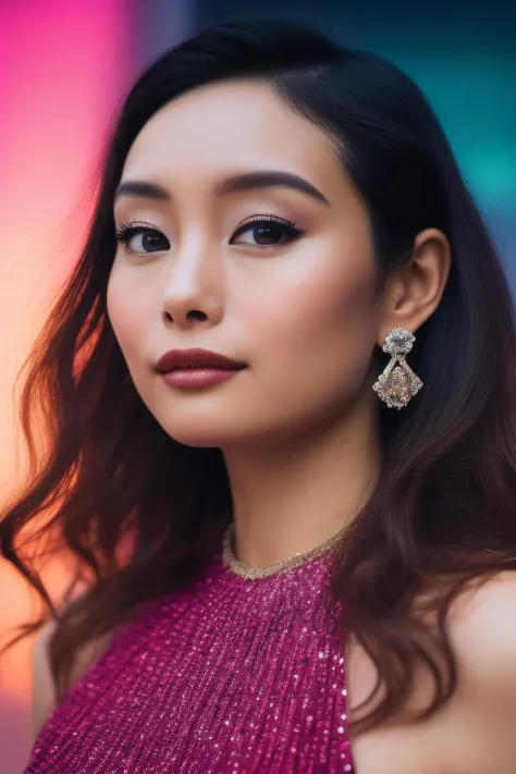 a photo of ginger (ShioliKutsuna01) with (curly long hair with strands of hair falling on the face) with (messy finely processed sparse eyebrows) with beautiful lips with thin upper lip, (diamond earrings, fine necklace),  shimmer blush, face oil, (freckles:0.7), ((blao outfit)), she looking up viewer, artgerm, determined expression, shiny glossy skin, subsurface scattering,  (sharp:0.7), [(colorful explosion psychedelic paint colors:1.21)::0.05], amazing fine detail, Nikon D850 film stock photograph Kodak Portra 400 camera f1.6 lens, rich colors, lifelike texture, beautiful, masterpiece, best quality, extremely detailed, beautiful, solo, macro,  <lora:ShioliKutsuna01-000003:1>, from below