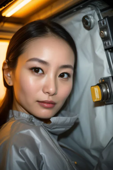 (35mm), (8K, RAW, professional, best quality, masterpiece:1.2), (realistic, photorealistic:1.37), ultra-detailed, (highest detailed skin:1.2), (highest detailed face:1.2), (highest detailed hair:1.2), kodak gold, 30 years old, a woman ShioliKutsuna01 in protective suit or hazmat suit, in space station cave, sad, cinematic light, spacesuit, <lora:ShioliKutsuna01-000003:1>, from below