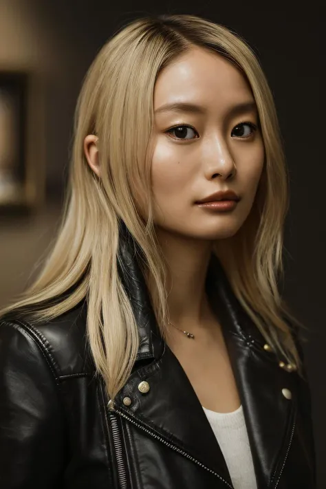 portrait photo of ShioliKutsuna01, (black leather jacket), (dirty blonde hair), alluring portrait, intricate, highly detailed, digital painting, artstation, concept art, naughty, sharp focus, cinematic lighting, illustration, art by artgerm and greg rutkowski, alphonse mucha, cgsociety, <lora:ShioliKutsuna01-000003:1>