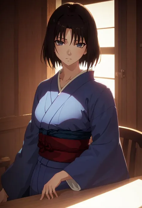 best quality, masterpiece, highres, solo, (ryougi_shiki_karanokyoukai:1.10), 1girl, blue kimono, upper body, black eyes, looking at viewer, anime_style, 1 <lora:ryougi_shiki_karanokyoukai:0.80>