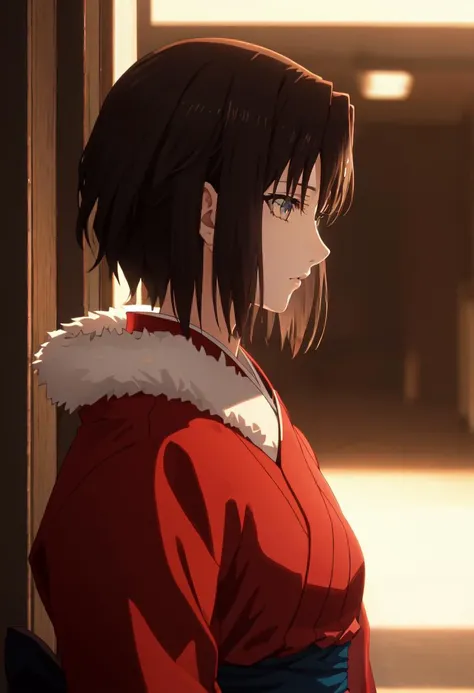 best quality, masterpiece, highres, solo, (ryougi_shiki_karanokyoukai:1.10), 1girl, kimono, red jacket, fur trim, profile, anime_style, 5 <lora:ryougi_shiki_karanokyoukai:0.80>
