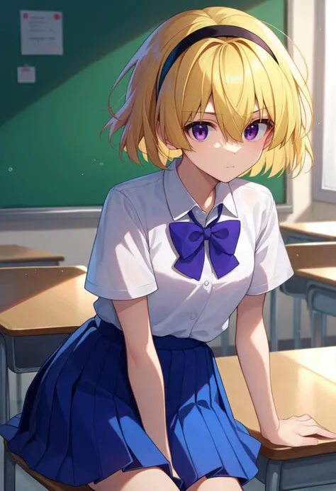 score_9, score_8_up, score_7_up, source_anime, <lora:Satoko Houjou Pony 5-000003:1>,  houjou_satoko,  1girl, solo, blonde hair, hairband, skirt, black hairband, purple eyes, shirt, white shirt, school uniform, short hair, pleated skirt, short sleeves, bow, bangs, collared shirt, hair between eyes