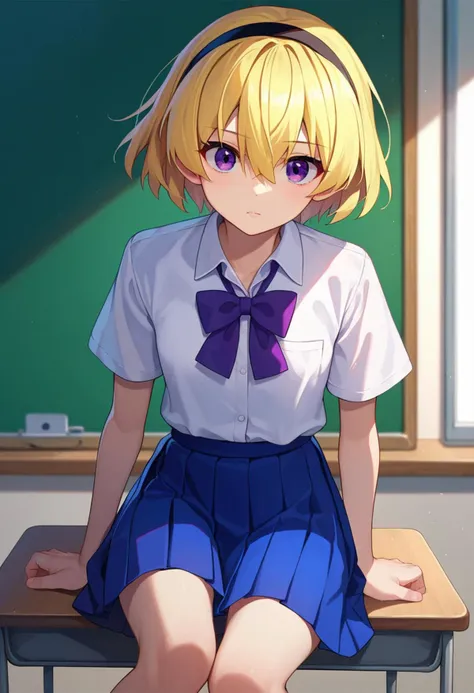 score_9, score_8_up, score_7_up, source_anime, <lora:Satoko Houjou Pony 5-000003:1>,  houjou_satoko,  1girl, solo, blonde hair, hairband, skirt, black hairband, purple eyes, shirt, white shirt, school uniform, short hair, pleated skirt, short sleeves, bow, bangs, collared shirt, hair between eyes, small breasts