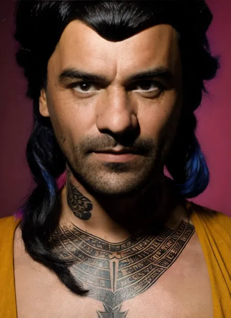 portrait of sks man ((b0cha:1)) like a hippie, tattoos in the chest and arms, by Flora Borsi, style by Flora Borsi, bold, bright colours, dark Mohawk haircut, ((Flora Borsi)) <lora:b0cha:1>