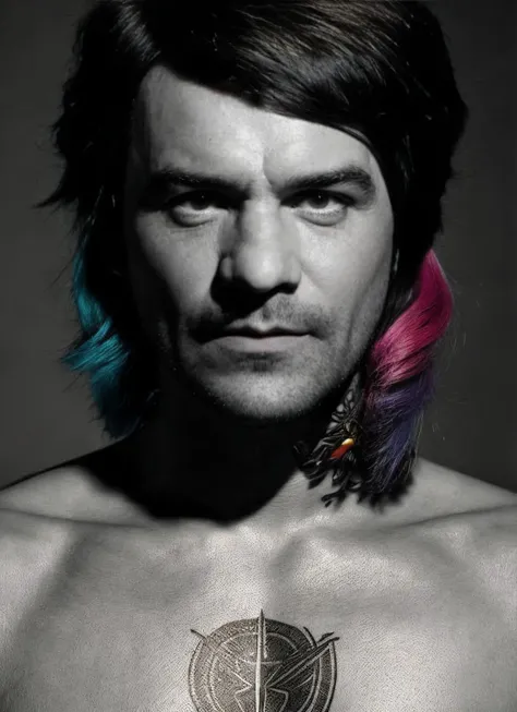 portrait of sks man ((b0cha:1)) like a hippie, tattoos in the chest and arms, by Flora Borsi, style by Flora Borsi, bold, bright colours, dark Mohawk haircut, ((Flora Borsi)) <lora:b0cha:1>