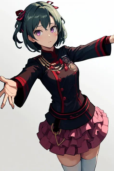 masterpiece, best quality, highres, 1girl lenalee lee hair ribbon, black jacket pink skirt belt white thighhighs fingerless gloves <lora:lenalee_lee:1> outstretched arms, reaching out, looking at viewer