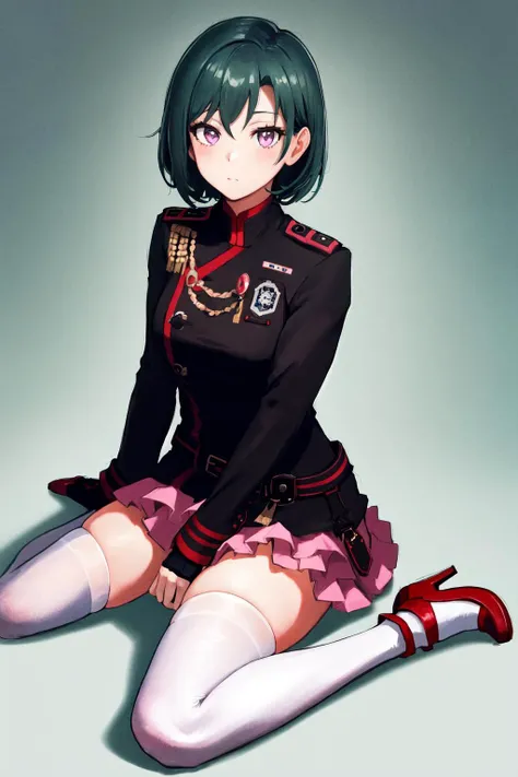 masterpiece, best quality, highres, 1girl lenalee lee, black jacket pink skirt belt white thighhighs fingerless gloves, red footwear high heels <lora:lenalee_lee:0.9> sitting, wariza, arm support, looking at viewer