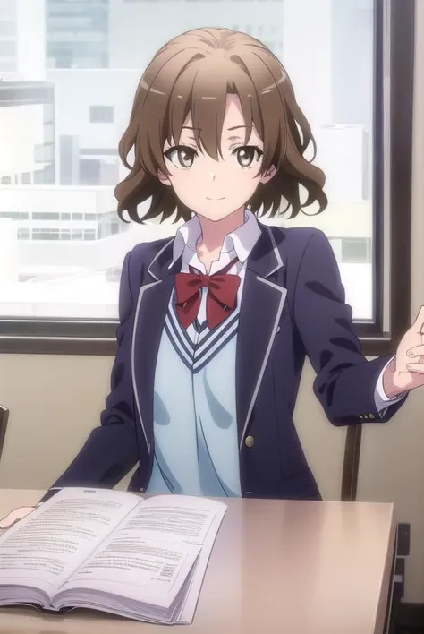 kaoriorimoto, <lora:kaori orimoto s2s3-lora-nochekaiser:1>,
kaori orimoto, short hair, brown hair, hair ornament, (brown eyes:1.5), hairclip, smile,
BREAK skirt, ribbon, school uniform, jacket, black jacket, plaid, plaid skirt, blazer, sobu high school uniform,
BREAK indoors, classroom,
BREAK looking at viewer,
BREAK <lyco:GoodHands-beta2:1>, (masterpiece:1.2), best quality, high resolution, unity 8k wallpaper, (illustration:0.8), (beautiful detailed eyes:1.6), extremely detailed face, perfect lighting, extremely detailed CG, (perfect hands, perfect anatomy),