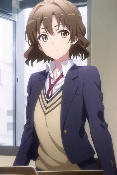 kaoriorimoto, <lora:kaori orimoto s2s3-lora-nochekaiser:1>,
kaori orimoto, short hair, brown hair, hair ornament, (brown eyes:1.5), hairclip, smile,
BREAK skirt, ribbon, school uniform, jacket, black jacket, plaid, plaid skirt, blazer, sobu high school uniform,
BREAK indoors, classroom,
BREAK looking at viewer,
BREAK <lyco:GoodHands-beta2:1>, (masterpiece:1.2), best quality, high resolution, unity 8k wallpaper, (illustration:0.8), (beautiful detailed eyes:1.6), extremely detailed face, perfect lighting, extremely detailed CG, (perfect hands, perfect anatomy),
