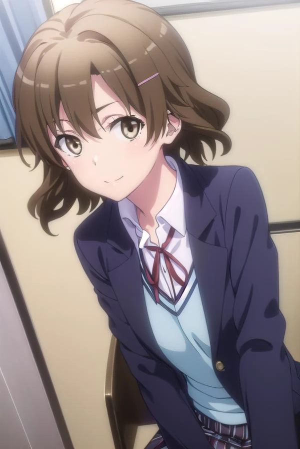 kaoriorimoto, <lora:kaori orimoto s2s3-lora-nochekaiser:1>,
kaori orimoto, short hair, brown hair, hair ornament, (brown eyes:1.5), hairclip, smile,
BREAK skirt, ribbon, school uniform, jacket, black jacket, plaid, plaid skirt, blazer, sobu high school uniform,
BREAK indoors, classroom,
BREAK looking at viewer,
BREAK <lyco:GoodHands-beta2:1>, (masterpiece:1.2), best quality, high resolution, unity 8k wallpaper, (illustration:0.8), (beautiful detailed eyes:1.6), extremely detailed face, perfect lighting, extremely detailed CG, (perfect hands, perfect anatomy),