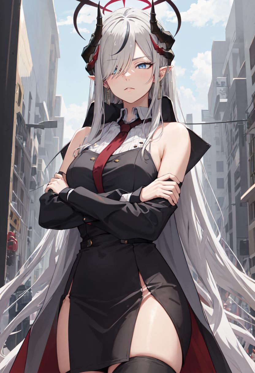 Anime girl with long white hair and horns standing in a city - SeaArt AI