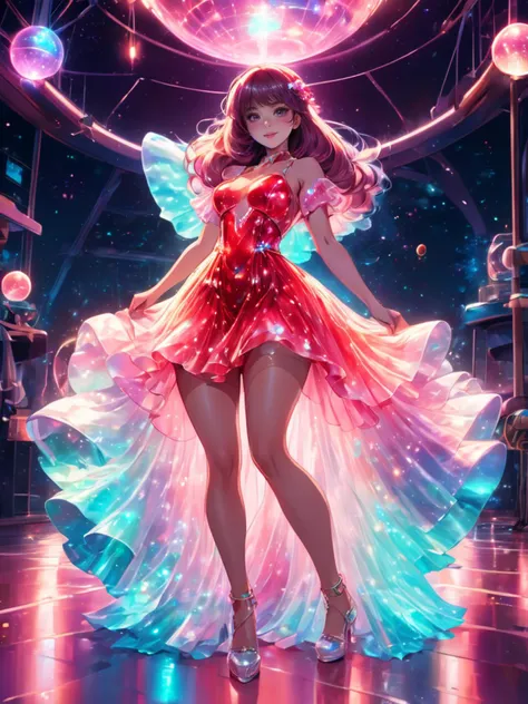 disco-themed Nautical-themed anime style beautiful woman wearing a Pastel Red (bioluminescent dress) <lora:xl_bioluminescent_dress-1.0:0.8>, Crouching, . Sea, ocean, ships, maritime, beach, marine life, highly detailed . vibrant, groovy, retro 70s style, shiny disco balls, neon lights, dance floor, highly detailed