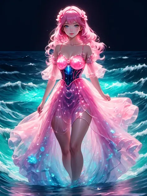 Nautical-themed anime style beautiful woman wearing a Pastel Red (bioluminescent dress) <lora:xl_bioluminescent_dress-1.0:0.8>, Crouching, . Sea, ocean, ships, maritime, beach, marine life, highly detailed