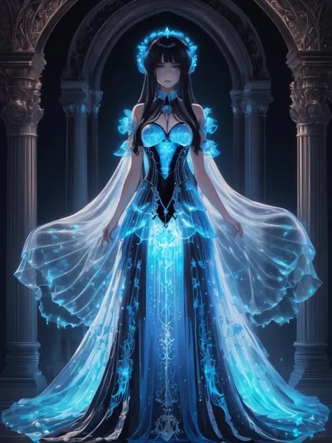 Gothic style anime style beautiful woman wearing a Blue Screen of Death (bioluminescent dress) <lora:xl_bioluminescent_dress-1.0:0.8>, Balancing, . Dark, mysterious, haunting, dramatic, ornate, detailed