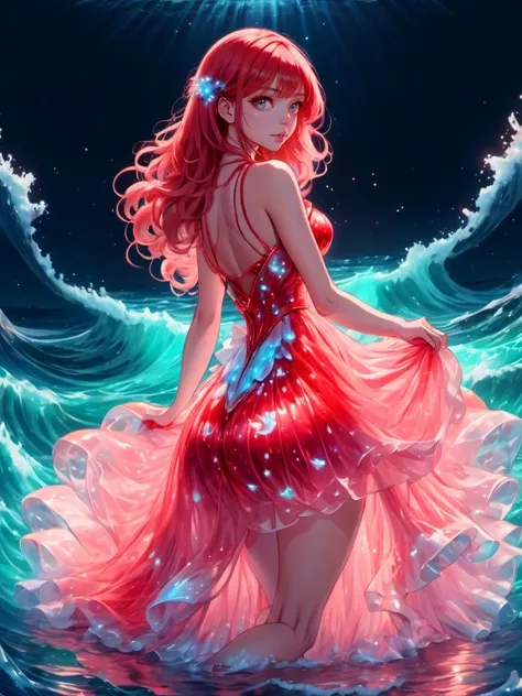 Nautical-themed anime style beautiful woman wearing a Pastel Red (bioluminescent dress) <lora:xl_bioluminescent_dress-1.0:0.8>, Crouching,  . Sea, ocean, ships, maritime, beach, marine life, highly detailed