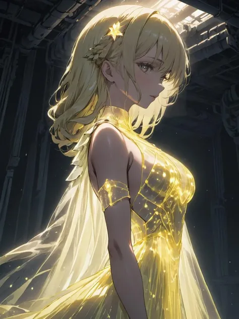 Dystopian style anime style beautiful woman wearing a Light Yellow (bioluminescent dress) <lora:xl_bioluminescent_dress-1.0:0.8>, The Underworld, Prone, Extreme Close-Up, from side, . Bleak, post-apocalyptic, somber, dramatic, highly detailed