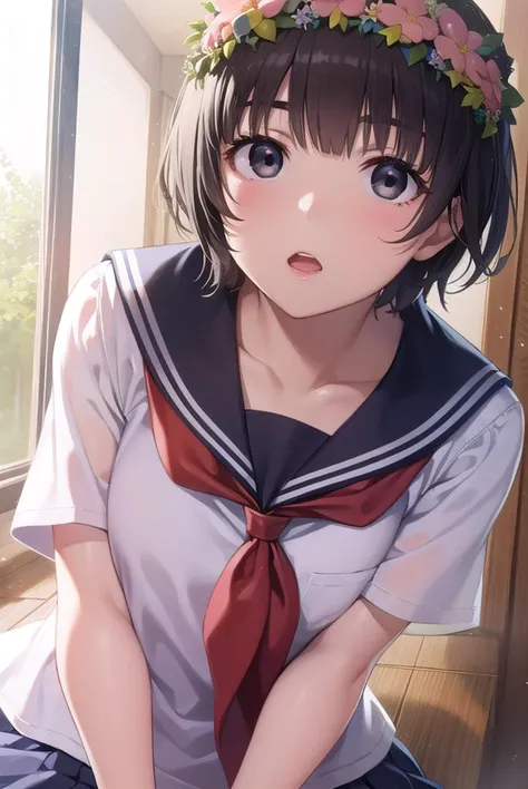 uiharukazari, <lyco:uiharukazari-lyco-nochekaiser:1>,
uiharu kazari, (black eyes:1.5), black hair, flower, hair flower, hair ornament, head wreath, short hair, bangs, blunt bangs,
BREAK armband, sakugawa school uniform, school uniform, serafuku, skirt, summer uniform, neckerchief, red neckerchief, blue sailor collar, blue skort, short sleeves,
BREAK looking at viewer, upper body, fully body,
BREAK indoors, classroom,
BREAK <lyco:GoodHands-beta2:1>, (masterpiece:1.2), best quality, high resolution, unity 8k wallpaper, (illustration:0.8), (beautiful detailed eyes:1.6), extremely detailed face, perfect lighting, extremely detailed CG, (perfect hands, perfect anatomy),