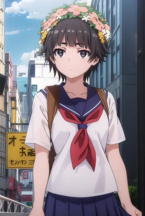 uiharukazari, <lyco:kazari uiharu s3-lyco-nochekaiser:1>,
uiharu kazari, (black eyes:1.5), black hair, flower, hair flower, hair ornament, head wreath, short hair,
BREAK armband, sakugawa school uniform, school uniform, serafuku, skirt, summer uniform, neckerchief, red neckerchief, blue sailor collar, blue skort, short sleeves,
BREAK outdoor, city, sky, sun, clouds,
BREAK looking at viewer, (cowboy shot:1.5),
BREAK <lyco:GoodHands-beta2:1>, (masterpiece:1.2), best quality, high resolution, unity 8k wallpaper, (illustration:0.8), (beautiful detailed eyes:1.6), extremely detailed face, perfect lighting, extremely detailed CG, (perfect hands, perfect anatomy),