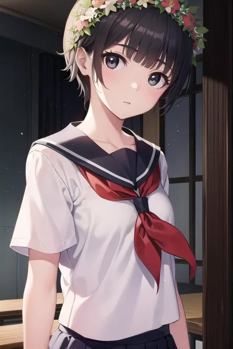 uiharukazari, <lyco:uiharukazari-lyco-nochekaiser:1>,
uiharu kazari, (black eyes:1.5), black hair, flower, hair flower, hair ornament, head wreath, short hair, bangs, blunt bangs,
BREAK armband, sakugawa school uniform, school uniform, serafuku, skirt, summer uniform, neckerchief, red neckerchief, blue sailor collar, blue skort, short sleeves,
BREAK looking at viewer, upper body, fully body,
BREAK indoors, classroom,
BREAK <lyco:GoodHands-beta2:1>, (masterpiece:1.2), best quality, high resolution, unity 8k wallpaper, (illustration:0.8), (beautiful detailed eyes:1.6), extremely detailed face, perfect lighting, extremely detailed CG, (perfect hands, perfect anatomy),