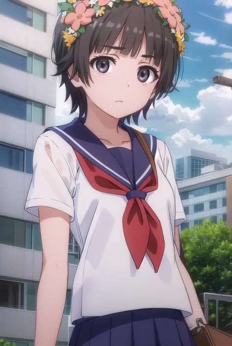 uiharukazari, <lyco:kazari uiharu s3-lyco-nochekaiser:1>,
uiharu kazari, (black eyes:1.5), black hair, flower, hair flower, hair ornament, head wreath, short hair,
BREAK armband, sakugawa school uniform, school uniform, serafuku, skirt, summer uniform, neckerchief, red neckerchief, blue sailor collar, blue skort, short sleeves,
BREAK outdoor, city, sky, sun, clouds,
BREAK looking at viewer, (cowboy shot:1.5),
BREAK <lyco:GoodHands-beta2:1>, (masterpiece:1.2), best quality, high resolution, unity 8k wallpaper, (illustration:0.8), (beautiful detailed eyes:1.6), extremely detailed face, perfect lighting, extremely detailed CG, (perfect hands, perfect anatomy),