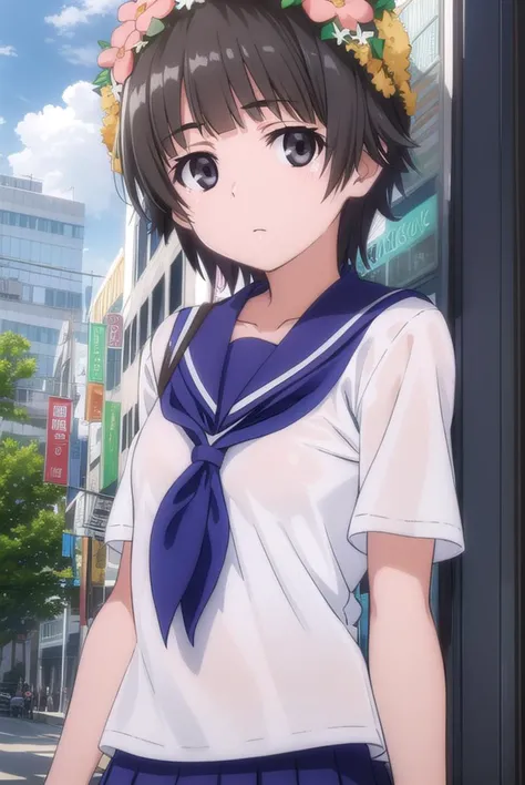 uiharukazari, <lyco:kazari uiharu s3-lyco-nochekaiser:1>,
uiharu kazari, (black eyes:1.5), black hair, flower, hair flower, hair ornament, head wreath, short hair,
BREAK armband, sakugawa school uniform, school uniform, serafuku, skirt, summer uniform, neckerchief, red neckerchief, blue sailor collar, blue skort, short sleeves,
BREAK outdoor, city, sky, sun, clouds,
BREAK looking at viewer, (cowboy shot:1.5),
BREAK <lyco:GoodHands-beta2:1>, (masterpiece:1.2), best quality, high resolution, unity 8k wallpaper, (illustration:0.8), (beautiful detailed eyes:1.6), extremely detailed face, perfect lighting, extremely detailed CG, (perfect hands, perfect anatomy),