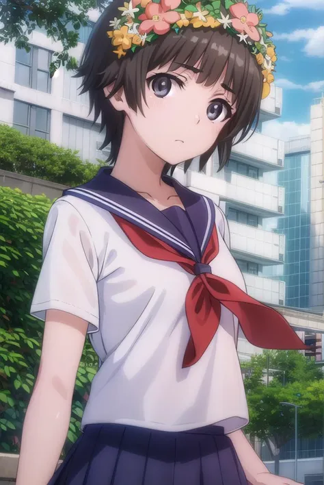 uiharukazari, <lyco:kazari uiharu s3-lyco-nochekaiser:1>,
uiharu kazari, (black eyes:1.5), black hair, flower, hair flower, hair ornament, head wreath, short hair,
BREAK armband, sakugawa school uniform, school uniform, serafuku, skirt, summer uniform, neckerchief, red neckerchief, blue sailor collar, blue skort, short sleeves,
BREAK outdoor, city, sky, sun, clouds,
BREAK looking at viewer, (cowboy shot:1.5),
BREAK <lyco:GoodHands-beta2:1>, (masterpiece:1.2), best quality, high resolution, unity 8k wallpaper, (illustration:0.8), (beautiful detailed eyes:1.6), extremely detailed face, perfect lighting, extremely detailed CG, (perfect hands, perfect anatomy),