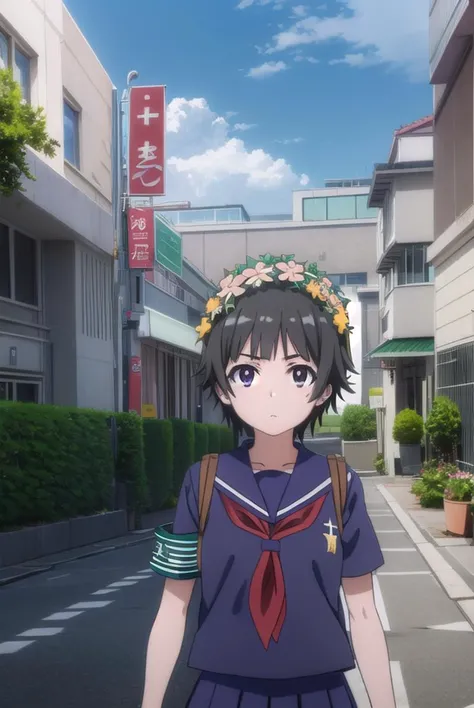 uiharukazari, <lyco:kazari uiharu s3-lyco-nochekaiser:1>,
uiharu kazari, (black eyes:1.5), black hair, flower, hair flower, hair ornament, head wreath, short hair,
BREAK armband, sakugawa school uniform, school uniform, serafuku, skirt, summer uniform, neckerchief, red neckerchief, blue sailor collar, blue skort, short sleeves,
BREAK outdoor, city, sky, sun, clouds,
BREAK looking at viewer, (cowboy shot:1.5),
BREAK <lyco:GoodHands-beta2:1>, (masterpiece:1.2), best quality, high resolution, unity 8k wallpaper, (illustration:0.8), (beautiful detailed eyes:1.6), extremely detailed face, perfect lighting, extremely detailed CG, (perfect hands, perfect anatomy),