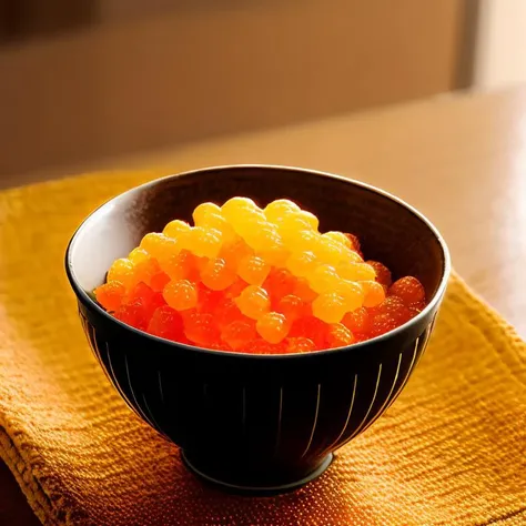 <lora:fish_roe_v1:0.8>,food, indoors, blurry, cup, no humans, food focus, still life, rice bowl, wooden table, orange roe, realistic, cinematic lighting