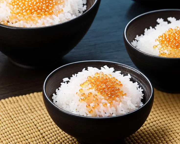 <lora:fish_roe_v1:0.5>,food, indoors, blurry, cup, no humans, food focus, still life, rice bowl, pearl (gemstone), realistic, cinematic lighting