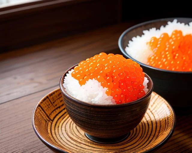 <lora:fish_roe_v1:0.5>,food, indoors, blurry, cup, no humans, food focus, still life, rice bowl, wooden table, orange roe, realistic, cinematic lighting