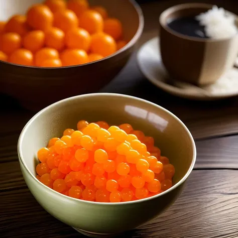 <lora:fish_roe_v1:0.5>,food, indoors, blurry, cup, no humans, food focus, still life, rice bowl, wooden table, orange roe, realistic, cinematic lighting