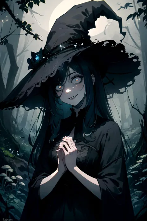 masterpiece, best quality, oficial art, marlier, 1girl, (solo), beautiful, delicate, (nice hands, perfect hands), (beautiful detailed eyes), solo, (full body:0.6), detailed background, head tilt, detailed background, detailed face, (sinister dark fantasy theme:1.1), crazy smile, constricted pupils, witch hat, (style-sylvamagic:0.8), highly detailed, mushroom themed, dark intricate clothing, natural, moss, mushroom garden in background, peaceful dark night, (fireflies), green magical lights, ethereal atmosphere, moonlight, eerie, myst, unsettling, mystical, absurdres, highres, <lora:Marcelmarlier:0.4> <lora:Crazy_ExpressionsV2:0.8> <lora:Gloomifier_slider_LECO_500w:0.6> <lora:Ukiyo-e:0.2>