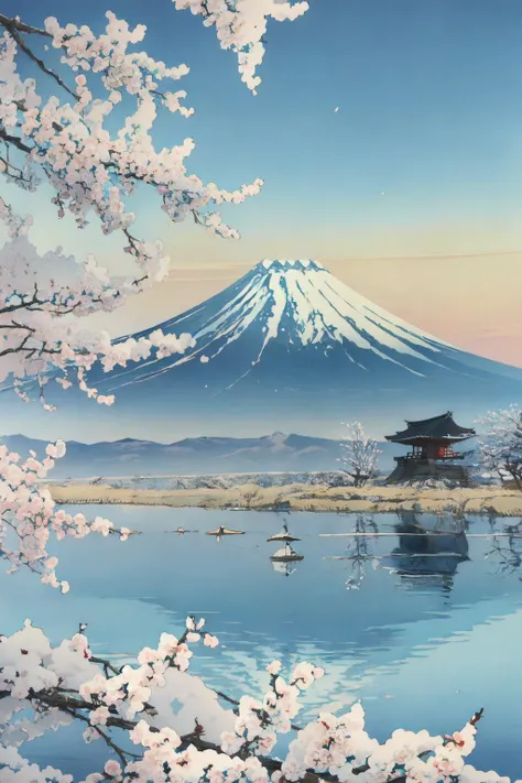 (((fuji mountain, big lake, big tall temple))),
<lora:Ukiyo-e:0.7> ukiyo-e, (Scene from Yasunari Kawabata's style),
Fuji mountain with snow in background, winter landscape, blizzard, snow storm,
red triple tower temple in front, snow-covered temple, big lake, yamanaka-lake,
cherry Blossoms in front, cherry Blossoms with snow, (noise, aging:1.2),