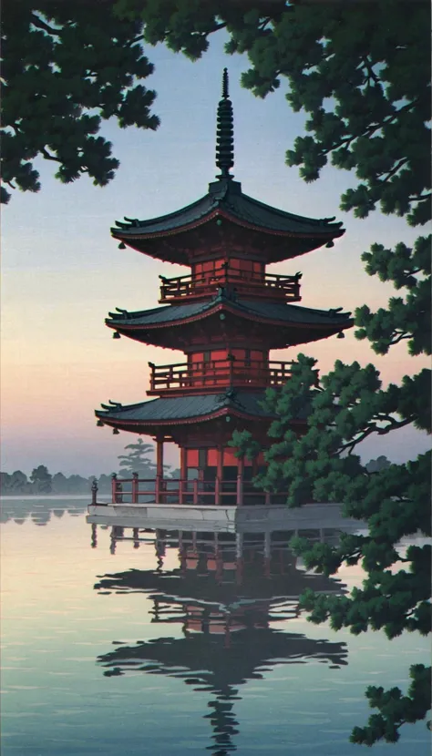 <lora:Ukiyo-e:0.65>, ukiyo-e, a twilight painting of towering pagoda roofs emerging from a thick mist beside a tranquil lake
, Foreground blur, Best quality, masterpiece, official art