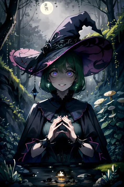 official art, ultra detailed, masterpiece, best quality, marlier, 1girl, (solo), beautiful, delicate, (nice hands, perfect hands), (beautiful detailed eyes), solo, (full body:0.6), detailed background, detailed face, (sinister dark fantasy theme:1.1), crazy smile, constricted pupils, witch hat, (style-sylvamagic:0.8), (style-swirlmagic:0.5), highly detailed, mushroom themed, dark intricate clothing, natural, moss, mushroom garden in background, peaceful dark night, fireflies, green magical lights, ethereal atmosphere, moonlight, eerie, myst, mystical, dynamic pose, absurdres, highres, <lora:Marcelmarlier:1> <lora:Crazy_ExpressionsV2:0.8> <lora:Gloomifier_slider_LECO_500w:0.6> <lora:Ukiyo-e:0.2>