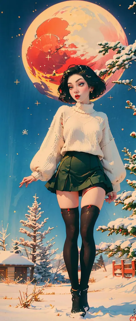 painting of a woman in a skirt and sweater standing in the snow