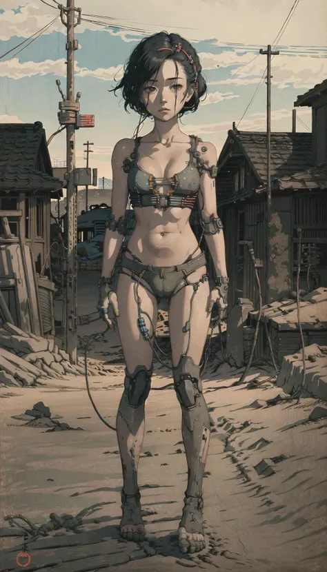 <lora:Ukiyo-e:0.65>, ukiyo-e, a painting of (1mechanical girl), looking at viewer, (an extremely delicate and beautiful),(cute delicate face), cinematic light, solo,full body, (machine made joints:1.4),((machanical limbs)), expressionless,(wires and cables attaching to head and body:1.5), (character focus),science fiction, cleavage, navel, revolver, weapon, cowboy western, ((desert)), (wasteland, Wasteland Punk, desert, Doomsday Scenes:1.3), (masterpiece), (best quality), finely detail, Depth of field, (ultra-detailed), (highly detailed CG illustration),