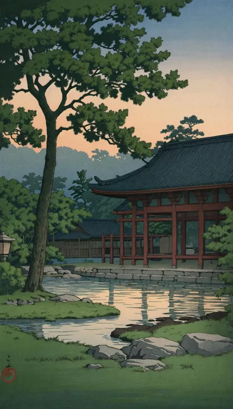<lora:Ukiyo-e:0.65>, ukiyo-e, a dawn painting of dew covered foliage and stone lanterns surrounding an elegant estate on a hilltop      
Best quality, masterpiece, official art