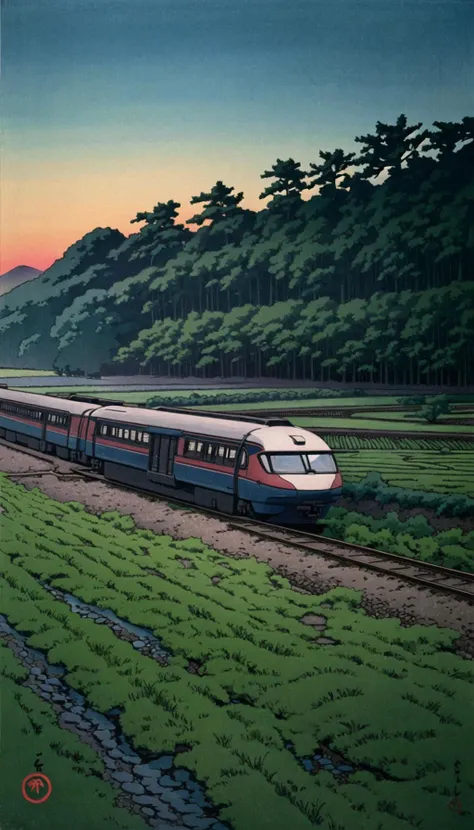 <lora:Ukiyo-e:0.65>, ukiyo-e, a dusk painting of the Shinkansen bullet train speeding past lush rice paddies in rural Japan, the sun setting in the distance
