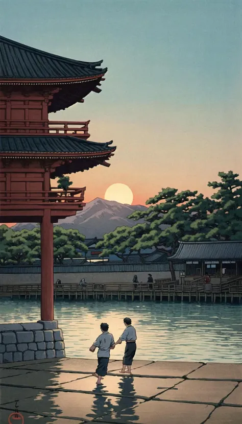 <lora:Ukiyo-e:0.65>, ukiyo-e, a sunrise painting of locals doing Tai Chi on a pier as the sun rises over Sensoji Temple in Tokyo's Asakusa district.