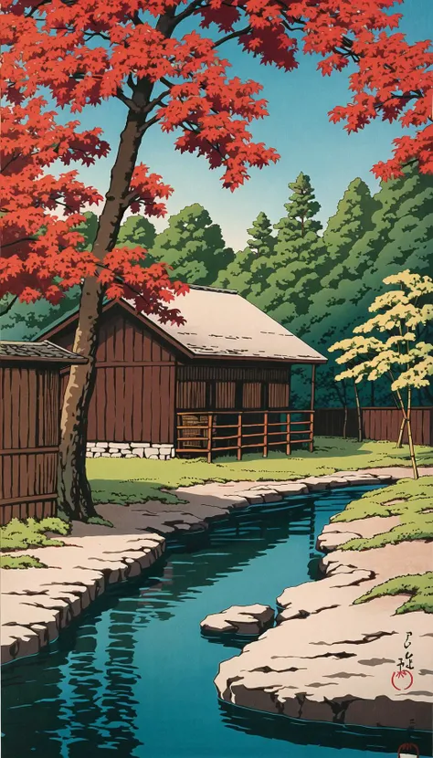 <lora:Ukiyo-e:0.65>, ukiyo-e, a mid afternoon painting of red hued trees surrounding a rustic bamboo hatched farmhouse beside a clear blue stream
,Best quality, masterpiece, official art