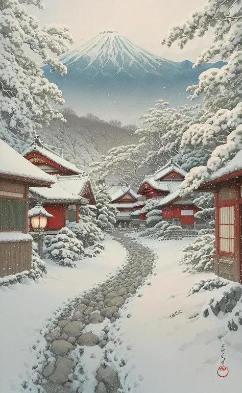 ((Japanese haiku style:1.2)), <lora:Ukiyo-e:0.65>, ukiyo-e, A mountain path illuminated by lanterns on a snowy day, winding through a serene winter landscape. Best quality, masterpiece, official art
