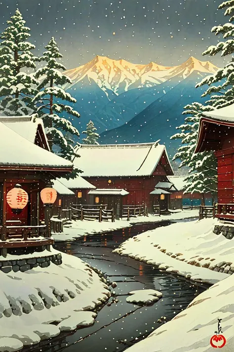 <lora:Ukiyo-e:0.7>, ukiyo-e, A mountain path illuminated by lanterns on a snowy day, winding through a serene winter landscape. Best quality, masterpiece, official art