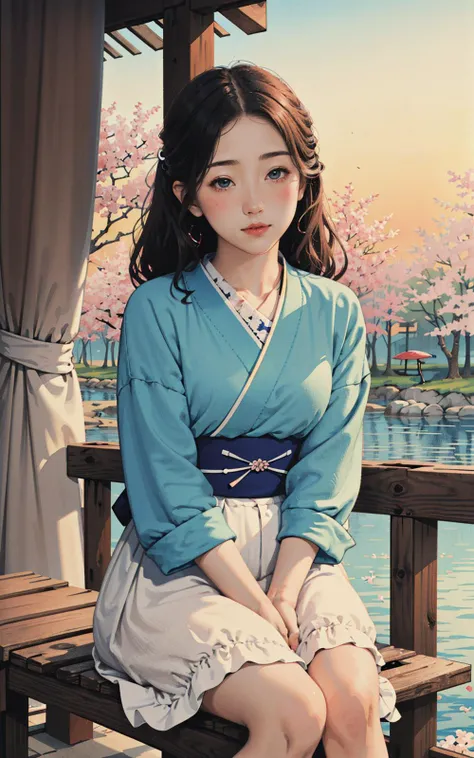 1girl, sitting, ukiyo-e, cherry blossom, sunset, (bluish scene), (soft lighting:1.3)