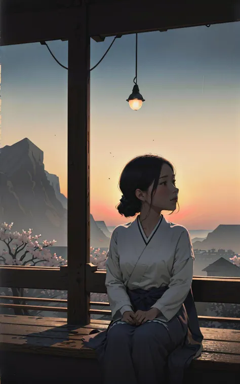 1girl, sitting, ukiyo-e, cherry blossom, sunset,((dim lighting, dark scene, soft lighting:1.3))