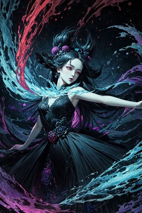 (masterpiece:1.4, best quality), (intricate details), unity 8k wallpaper, ultra detailed, (abstract art:1.2), abstract alluring artistic style, woman from another dimension, vibrant cosmic hues blending with ethereal pastels, dynamic pose with flowing, swirling patterns radiating from her outstretched arms, a mixture of awe and curiosity reflected in her expression, an overall feeling of otherworldly enchantment, ukiyo-e, consumed by inner darkness, void calling her, (pastel blue and dangerous red theme), (cosmic eyes), perfect lighting, perfect shading, (Sarah Sze:1.3), <lora:more_details:0.6> <lora:Ukiyo-e:0.4> <lora:Elixir:0.6>