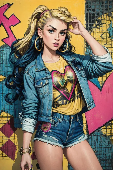 (masterpiece:1.4, best quality), (intricate details), unity 8k wallpaper, ultra detailed, a Cayman Islander girl, Amusement, Pop art itself as a subject, Denim jacket, graphic tee, and shorts, long hair, very long hair, medium blonde, Hoop earrings, Bold and dramatic brows with a defined arch, (Contemporary), (Jim Dine:1.4), (Pop art fashion illustrations:1), <lora:more_details:0.35> <lora:Ukiyo-e:0.4>