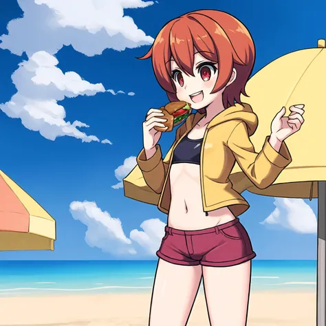 Masterpiece, best quality, A female at the beach eating a hamburger, solo, (1girl), (((eating, hamburger, eating a hamburger))), aqua hair, short hair, happy, smiling, :D, dynamic pose, flat chest, red eyes, shorts, hooded jacket, hood down, open clothes, sandals, cowboy shot, full body, outdoors:1.2, beach, sand, ocean, waves, clouds, bright blue sky:1.1, flat color, raytracing, trending on pixiv, extremely detailed background, <lora:sg25mixtest-000005:0.7>